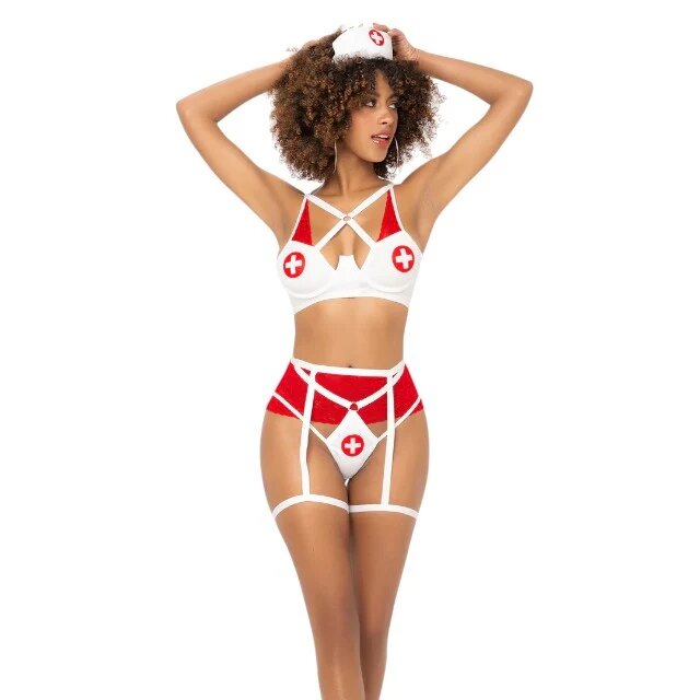 MAPALE Lenjerie sexy asistentă MAPALÉ Nurse cu sutien și chilot tanga cu jartiere și bonetă culoare alb cu roșu mărime L/XL