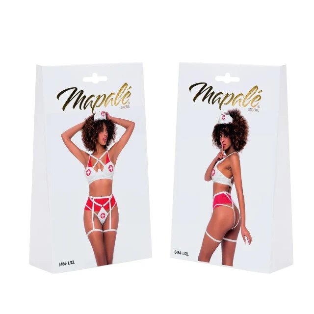 MAPALE Lenjerie sexy asistentă MAPALÉ Nurse cu sutien și chilot tanga cu jartiere și bonetă culoare alb cu roșu mărime L/XL
