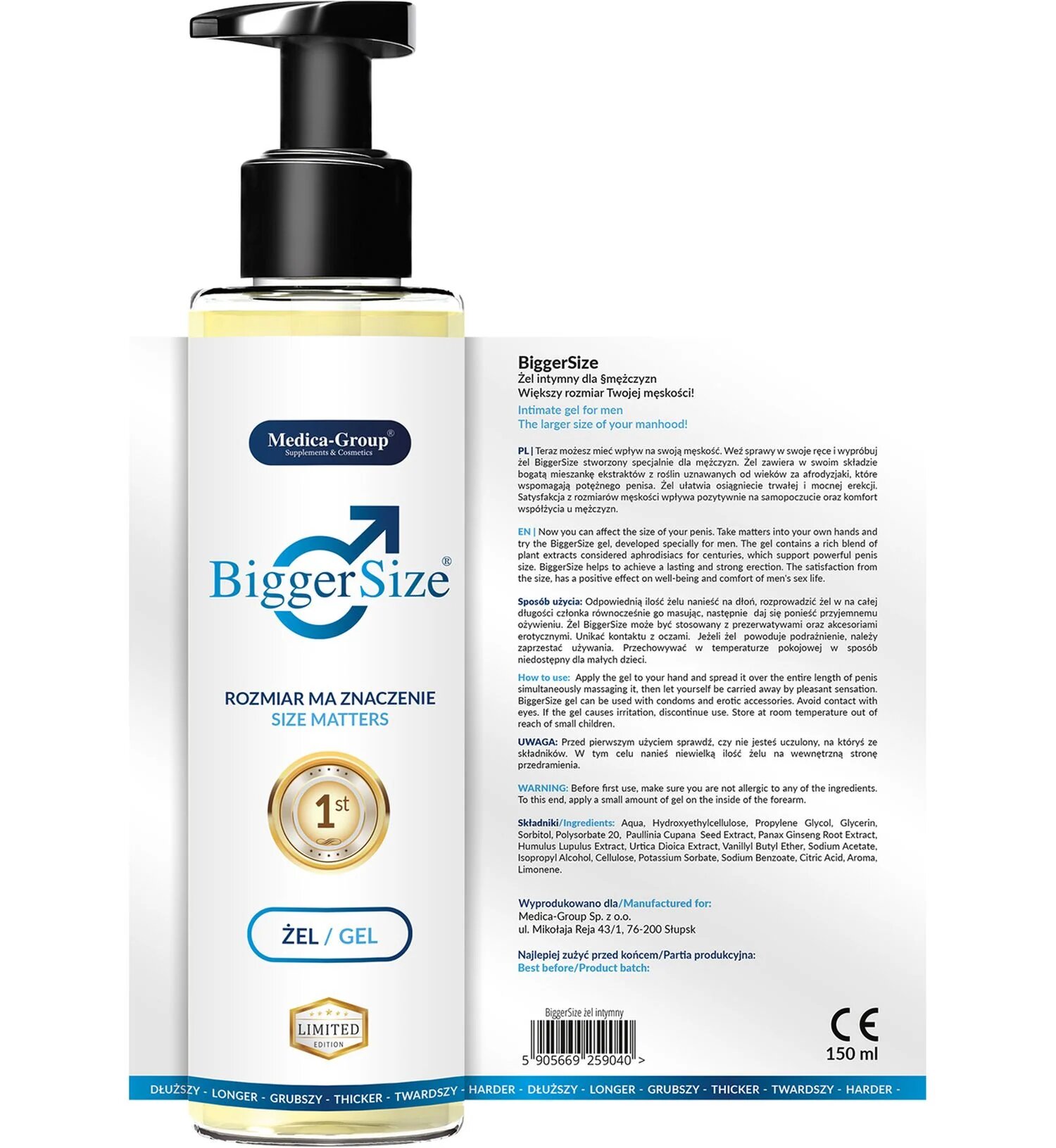 MEDICA GROUP Gel MEDICA-GROUP Bigger Size pentru mărirea penisului erecții puternice întârzierea ejaculării și potență 150 ml
