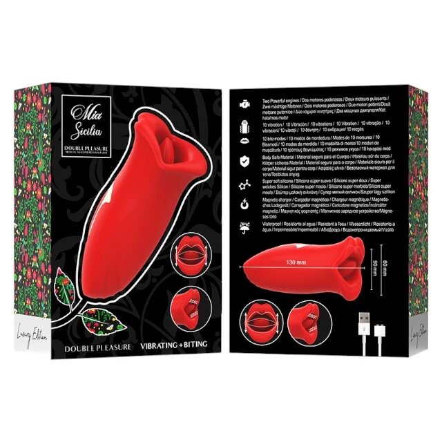 MIA Stimulator clitoris SICILIA Double Pleasure cu funcție de vibrație și mușcătură în formă de trandafir roșu