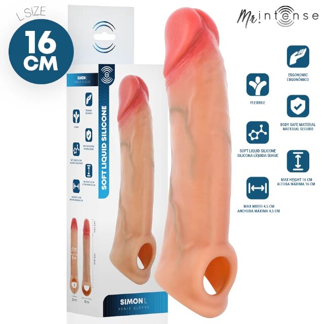 MR INTENSE Manșon realist Simon L pentru extensia și îngroșarea penisului lungime inserabilă 11.5 cm +4.5 cm culoarea pielii