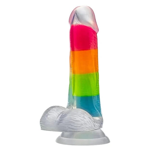 NEO Dildo Elite Glow In The Dark Rainbow Rave din silicon lichid bază cu ventuză lungime 16.5 cm multicolor fosforescent