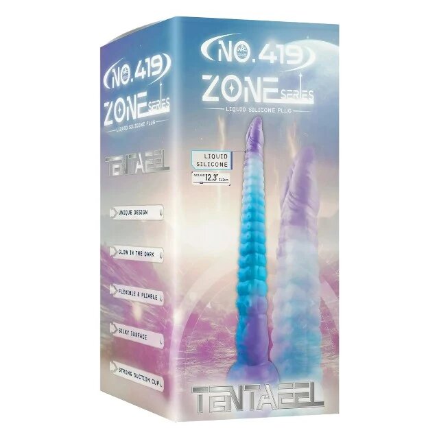 NMC Dildo monster NO. 419 ZONE Series TENTAEEL în formă de tentacul fosforescent bază cu ventuză 31.2 cm albastru cu mov