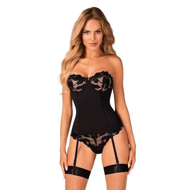 Obsessive Corset erotic cu portjartier Editya design cu sutien din dantelă florală culoare negru mărime XS/S