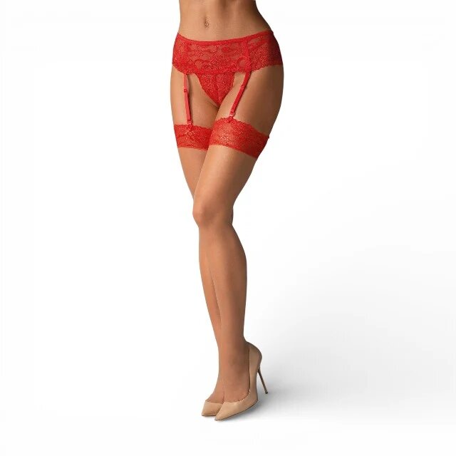 Obsessive Dresuri sexy pentru portjartier cu benzi din dantelă roșie culoarea pielii mărime L/XL (model 838-STO-3)