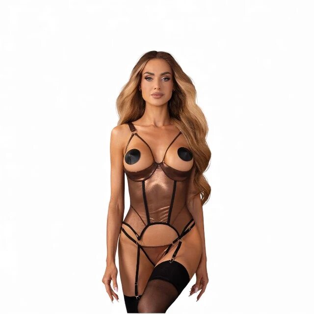 Obsessive Lenjerie sexy 2 piese Soranna corset + tanga crotchless din plasă transparent reflexe aurii mărime S/M
