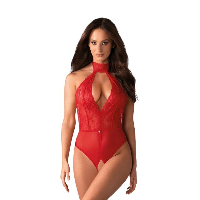 Obsessive Lenjerie sexy teddy Dagmarie din dantelă decolteu adânc spate gol crotchless culoare roșu mărime XS/S