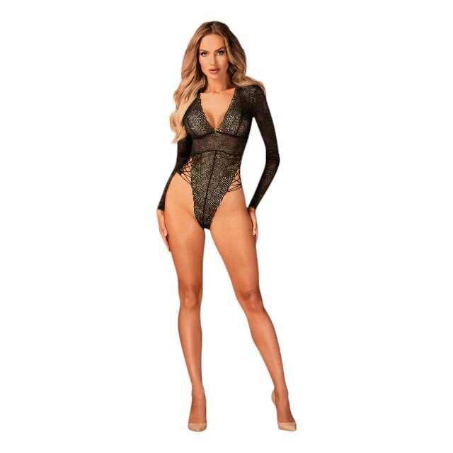 Obsessive Lenjerie sexy teddy Merlys body cu mâneci lungi din dantelă detalii cu șnur pe șolduri culoare negru mărime XS/S