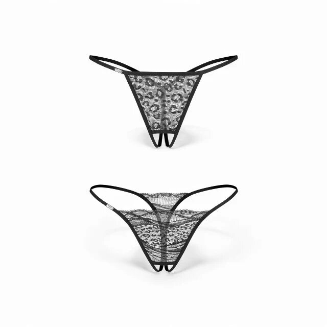 Obsessive Set 2 chiloți sexy Bianca design crotchless model dantelă și animal print culoare negru mărime L/XL