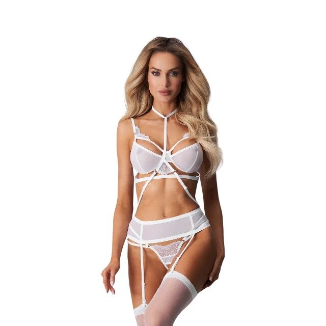 Obsessive Set 3 piese Premisis White sutien cu decupaj chilot sexy crotchless + portjartier choker cu bretele ajustabile culoare alb mărime S/M
