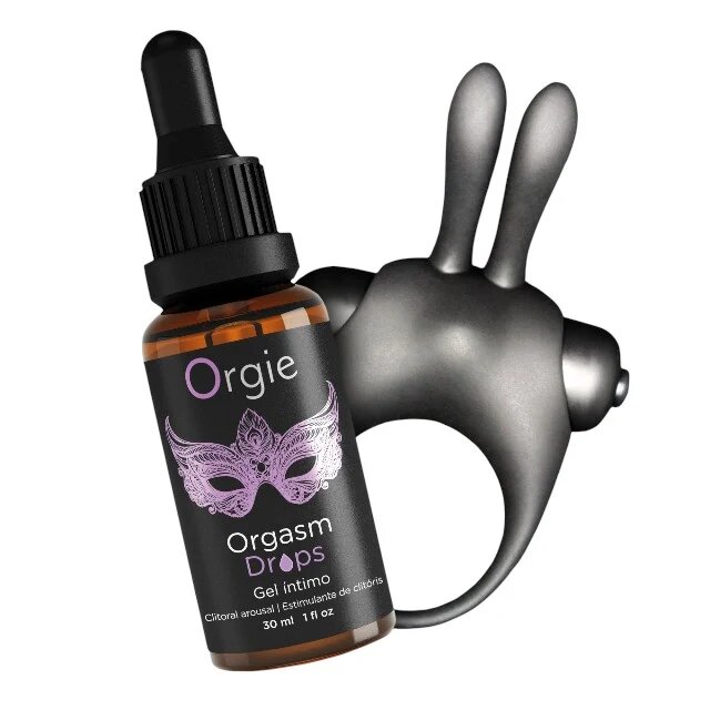 Orgie Set Orgasmic Bunny gel intim Orgasm Drops cu efect de răcire și încălzire + inel pentru penis cu 10 funcții de vibrație (mov)