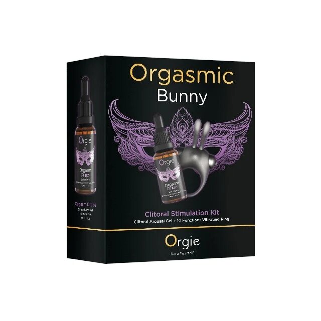 Orgie Set Orgasmic Bunny gel intim Orgasm Drops cu efect de răcire și încălzire + inel pentru penis cu 10 funcții de vibrație (mov)