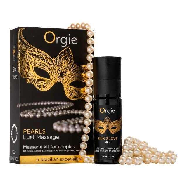Orgie Set pentru cupluri Pearls Lust Massage gel de masaj cu textură mătăsoasă colier cu perle pentru masaj stimulant 30 ml