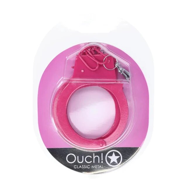 Ouch! Cătușe Classic Metal Handcuffs Pink pentru jocuri erotice BDSM cu buton de eliberare rapidă mărime reglabilă roz