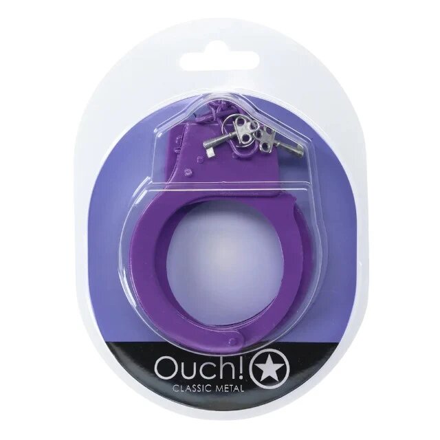Ouch! Cătușe Classic Metal Handcuffs Purple pentru jocuri erotice BDSM cu buton de eliberare rapidă mărime reglabilă mov