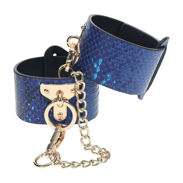 Ouch! Cătușe Handcuffs - Florence Collection pentru jocuri erotice BDSM design de piele de șarpe cu lanț auriu culoare albastru