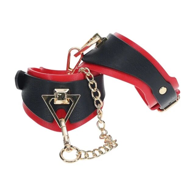 Ouch! Cătușe Handcuffs - Milan Collection pentru jocuri erotice BDSM cu lanț auriu din piele îmbinată culoare negru cu roșu