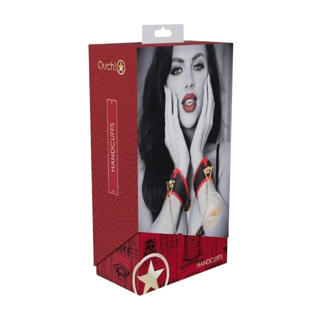 Ouch! Cătușe Handcuffs - Milan Collection pentru jocuri erotice BDSM cu lanț auriu din piele îmbinată culoare negru cu roșu