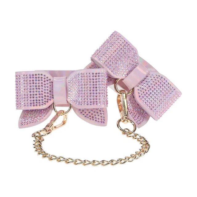 Ouch! Cătușe Handcuffs - Paris Collection pentru jocuri erotice BDSM model cu fundă mărime ajustabilă roz cu auriu