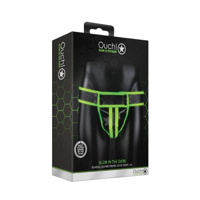 Ouch! Chilot sexy bărbați Striped Jockstrap Glow In The Dark cu capse negru cu verde fosforescent mărime L/XL