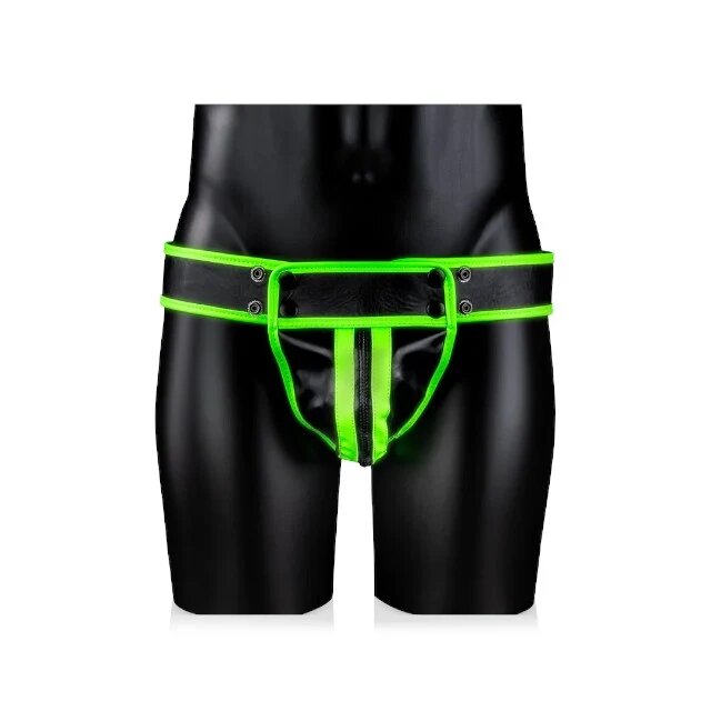 Ouch! Chilot sexy bărbați Striped Jockstrap Glow In The Dark cu capse negru cu verde fosforescent mărime S/M