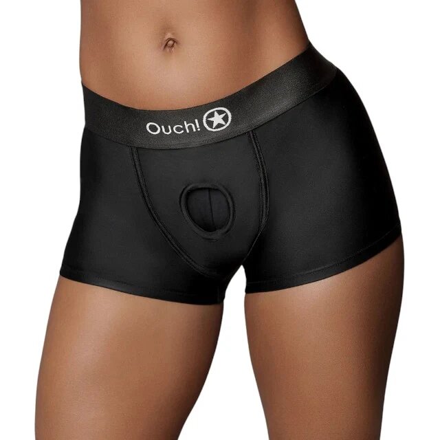 Ouch! Ham strap-on tip boxeri Vibrating Strap-On Boxer compatibil cu majoritatea dildo-urilor vibrator bullet inclus negru mărime M/L