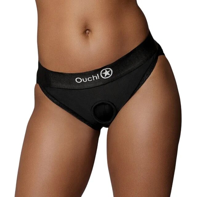 Ouch! Ham strap-on tip chilot Vibrating Strap-On Hipster compatibil cu majoritatea dildo-urilor vibrator bullet inclus negru mărime M/L