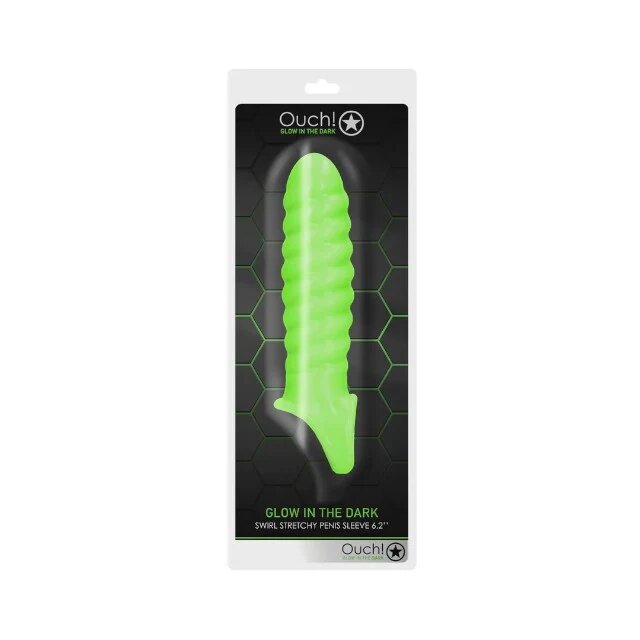 Ouch! Manșon pentru penis Glow In The Dark Penis Sleeve 6.2” design spiralat cu inel pentru testicule 15 cm verde fosforescent