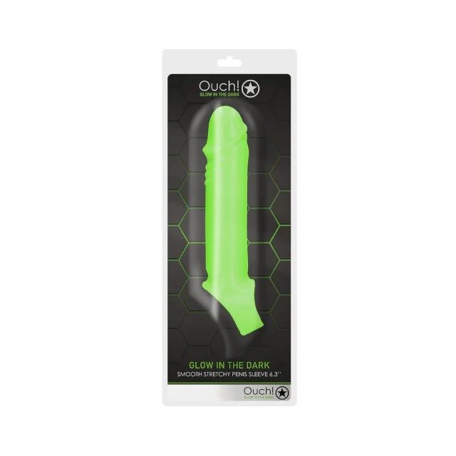 Ouch! Manșon realist pentru penis Glow In The Dark Penis Sleeve 6.3” cu inel pentru testicule 15.5 cm verde fosforescent