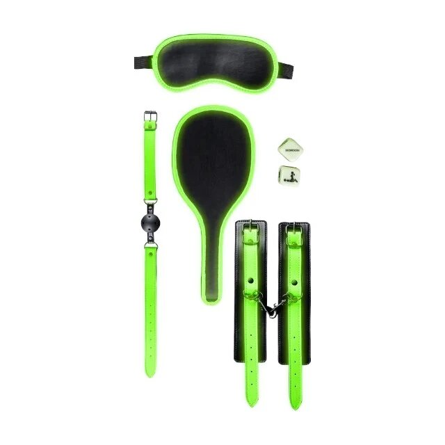 Ouch! Set Bondage Kit Glow In The Dark pentru jocuri BDSM cu cătușe căluș mască paletă și zaruri negru cu verde fosforescent