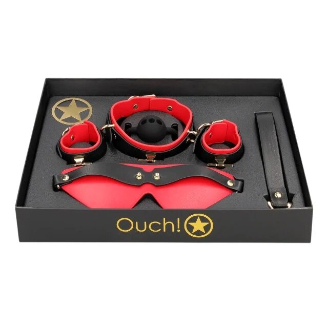 Ouch! Set bondage Sample Box - Milan Collection pentru jocuri erotice BDSM cu mască cătușe căluș și zgardă culoare roșu cu negru