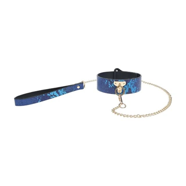 Ouch! Set Collar with Leash - Florence Collection pentru jocuri erotice BDSM design de piele de șarpe cu lanț auriu culoare albastru