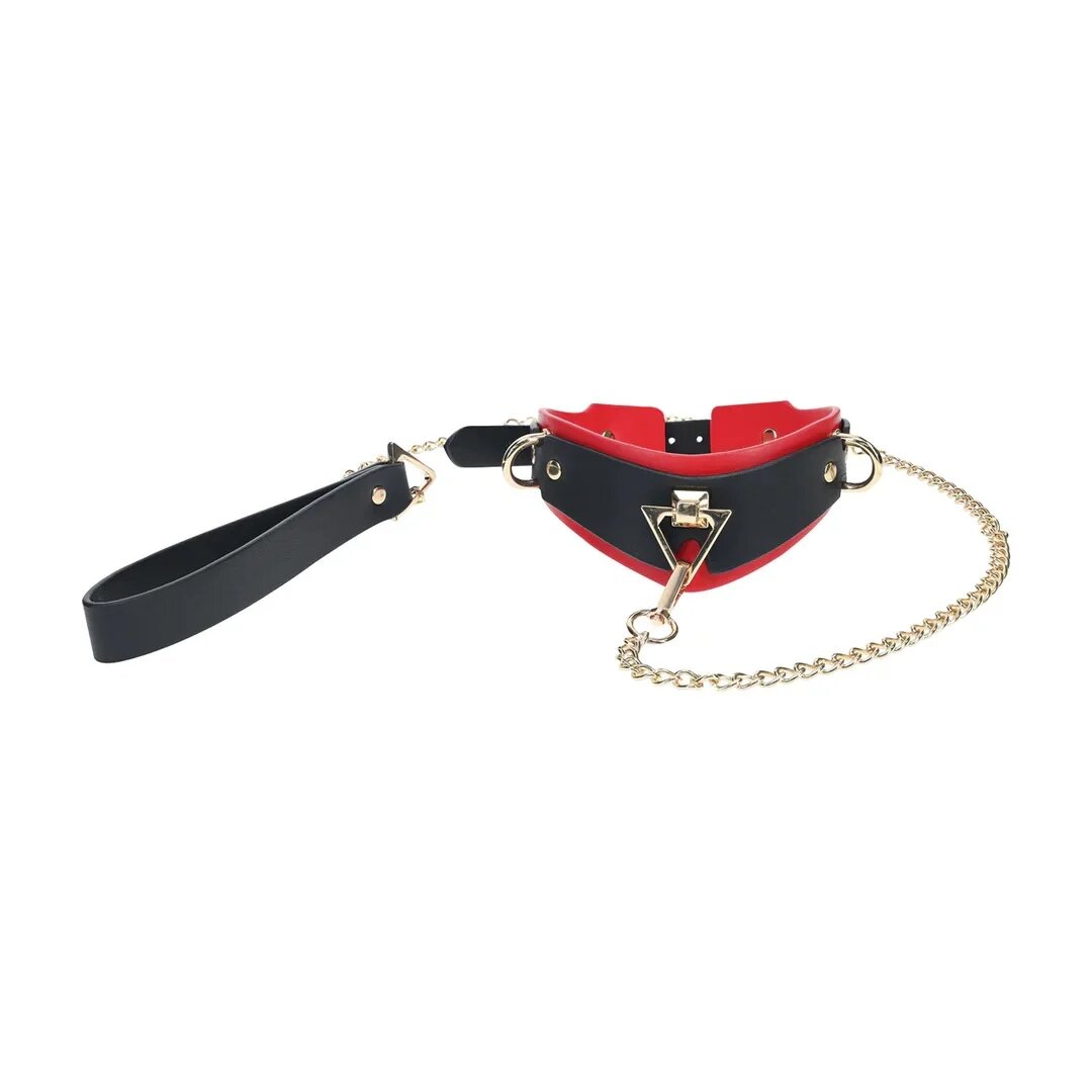 Ouch! Set Collar with Leash - Milan Collection pentru jocuri erotice BDSM cu lanț auriu din piele îmbinată culoare negru cu roșu