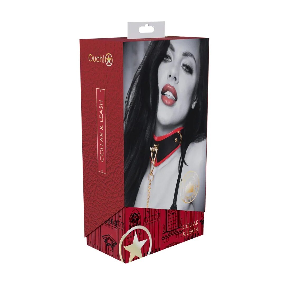 Ouch! Set Collar with Leash - Milan Collection pentru jocuri erotice BDSM cu lanț auriu din piele îmbinată culoare negru cu roșu