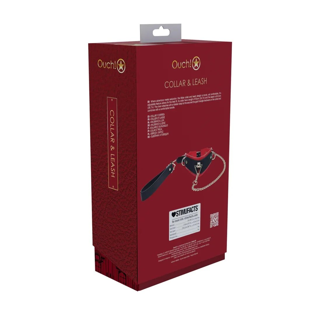 Ouch! Set Collar with Leash - Milan Collection pentru jocuri erotice BDSM cu lanț auriu din piele îmbinată culoare negru cu roșu