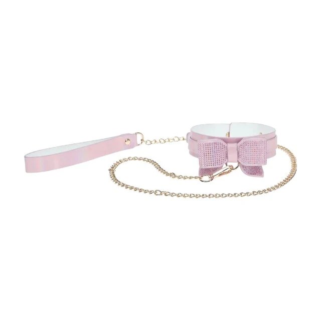 Ouch! Set Collar with Leash - Paris Collection pentru jocuri erotice BDSM model cu fundă mărime ajustabilă roz cu auriu