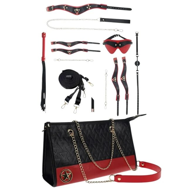 Ouch! Set Kit with Bag - Milan Collection 9 produse pentru jocuri BDSM cu cătușe mască lesă căluș bici și geantă negru cu roșu
