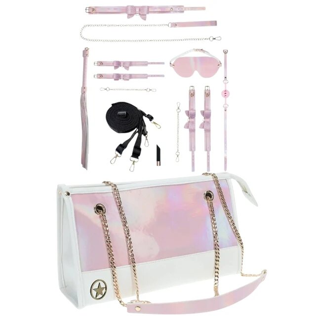 Ouch! Set Kit with Bag - Paris Collection 9 produse pentru jocuri BDSM cu cătușe mască lesă căluș bici și geantă roz cu alb