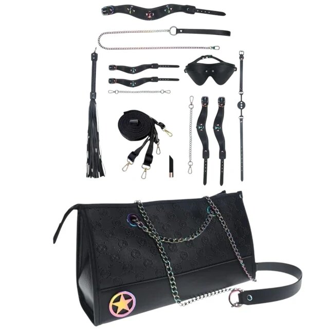 Ouch! Set Kit with Bag - Venice Collection 9 produse pentru jocuri BDSM cu cătușe mască lesă căluș bici și geantă negru
