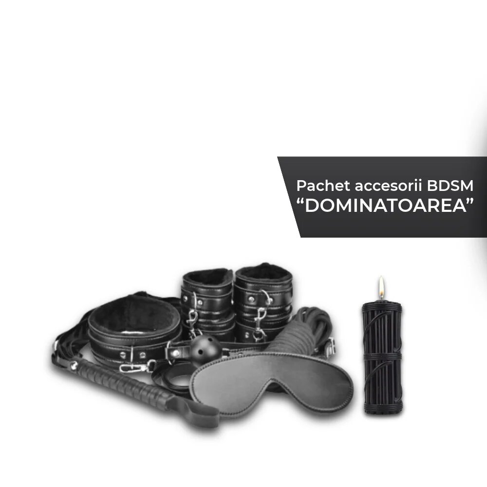  Pachet accesorii bondage "DOMINATOAREA" conține 8 accesorii BDSM și o lumânare pentru jocuri erotice