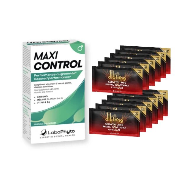  Pachet pentru bărbați: Capsule afrodisiace LABOPHYTO MaxiControl 60 buc + Șervețele DIBLONG Delay Towel 12 buc
