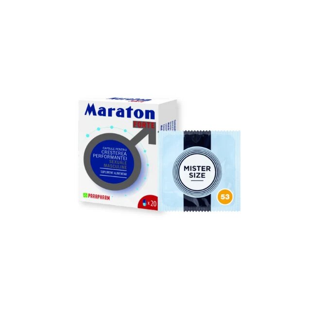  Pachet pentru bărbați: Capsule afrodisiace MARATON FORTE 20 buc + Prezervativ ultra-subțire MISTER SIZE 53 1 buc