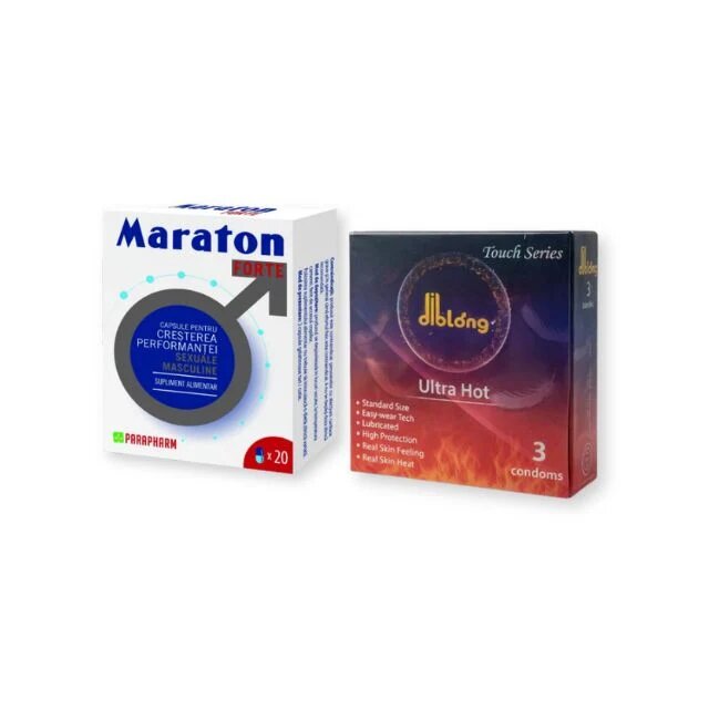  Pachet pentru bărbați: Capsule afrodisiace MARATON FORTE 20 buc + Prezervative DIBLONG Ultra Hot 3 buc