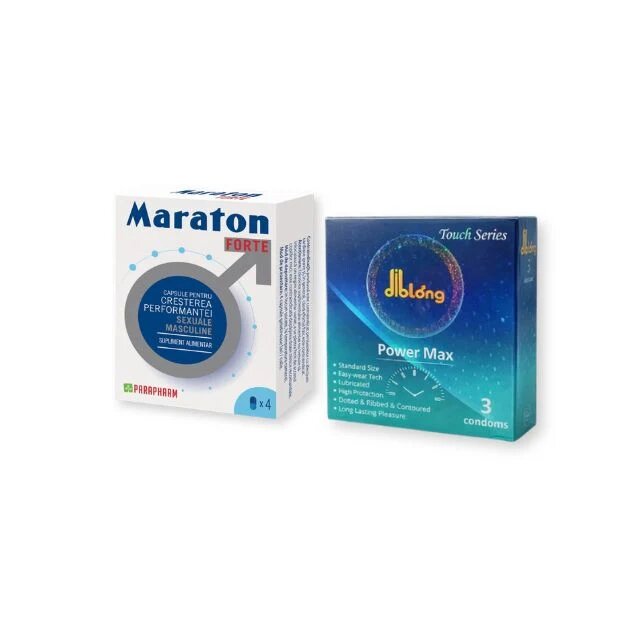  Pachet pentru bărbați: Capsule afrodisiace MARATON FORTE 4 buc + Prezervative DIBLONG Power Max 3 buc
