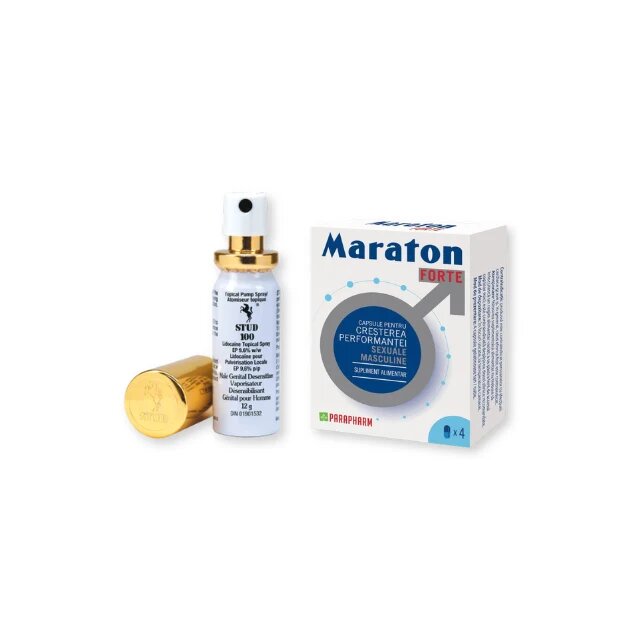  Pachet pentru bărbați: Capsule afrodisiace MARATON FORTE 4 buc + Spray Delay STUD 100 Original 12 ml