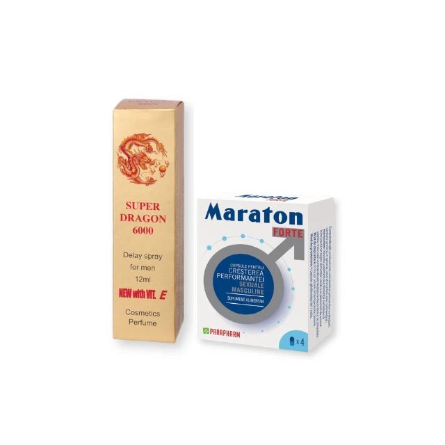  Pachet pentru bărbați: Capsule afrodisiace MARATON FORTE 4 buc + Spray Delay Super DRAGON 6000 12 ml