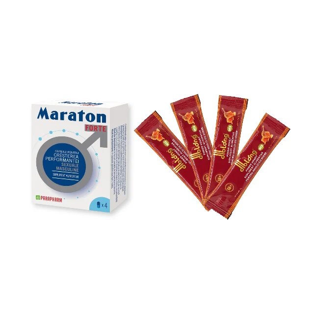  Pachet pentru bărbați: Capsule afrodisiace MARATON FORTE 4 buc + Supliment alimentar cu miere DIBLONG Honey 4 plicuri