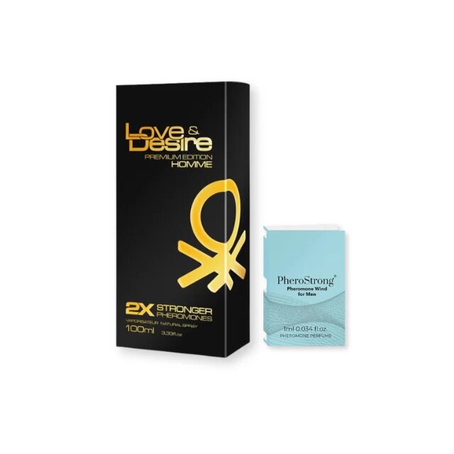  Pachet pentru bărbați: Parfum cu feromoni Love & Desire GOLD bărbați 100 ml + Mostră parfum cu feromoni PHEROSTRONG Wind For Men 1 ml