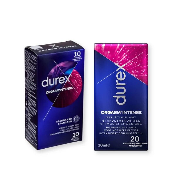  Pachet pentru cupluri: Gel intim Durex Orgasm Intense 10 ml + Prezervative cu striații Durex Intense 56 mm 10 buc