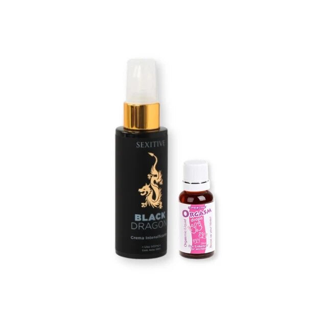  Pachet pentru cupluri: Picaturi afrodisiace Orgasm Drops 30 ml + Cremă intimă pentru cupluri Sexitive Black Dragon 50 ml